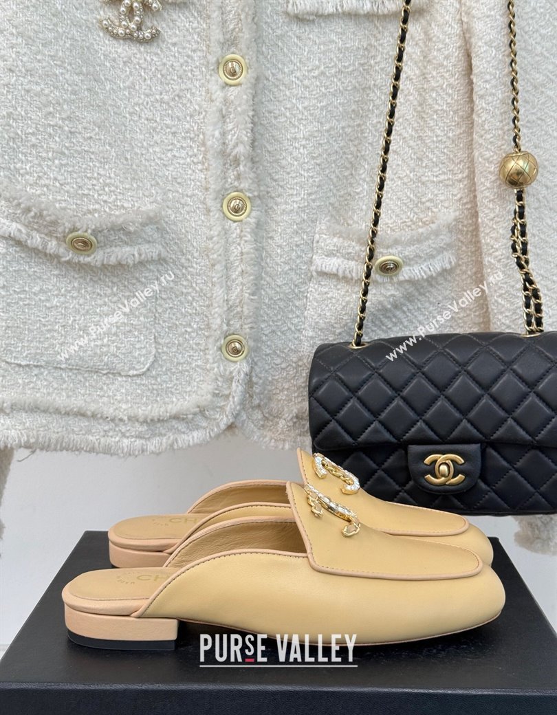 Chanel Lambskin Flat Mules with Strass and Chain CC G46157 Yellow 2024 (MD-250102100)