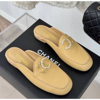 Chanel Lambskin Flat Mules with Strass and Chain CC G46157 Yellow 2024 (MD-250102100)