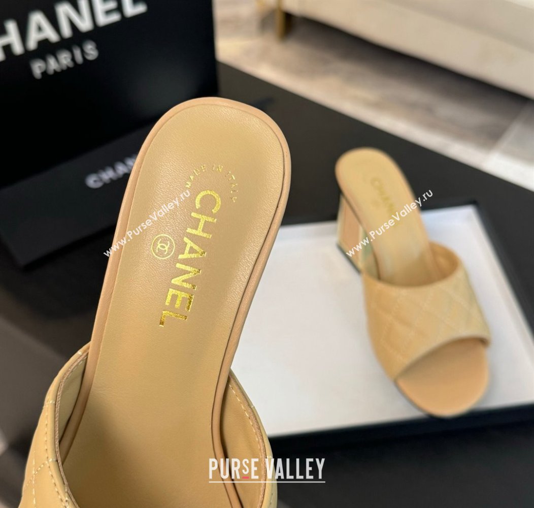 Chanel Quilted Lambskin Heel Slides Sandal 7cm Beige 2024 G45235 0102 (SS-240102009)