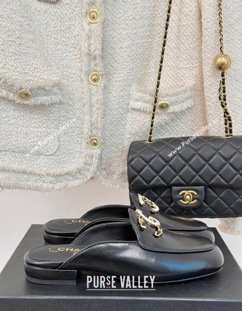 Chanel Shiny Calfskin Flat Mules with Strass and Chain CC G46157 Black 2024 (MD-250102102)