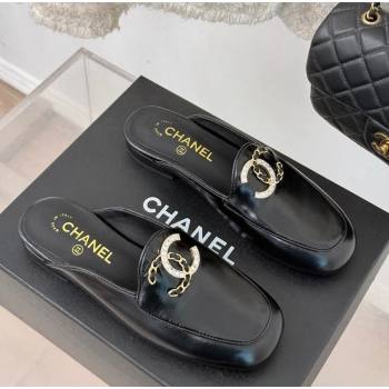 Chanel Shiny Calfskin Flat Mules with Strass and Chain CC G46157 Black 2024 (MD-250102102)