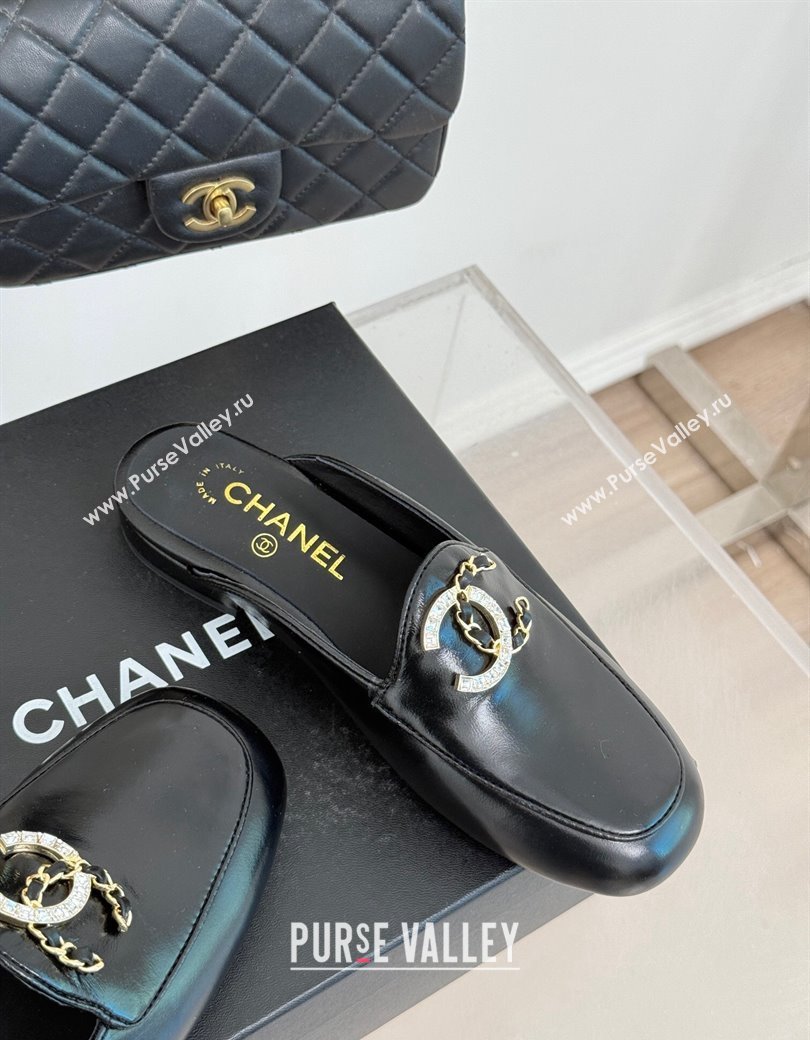 Chanel Shiny Calfskin Flat Mules with Strass and Chain CC G46157 Black 2024 (MD-250102102)