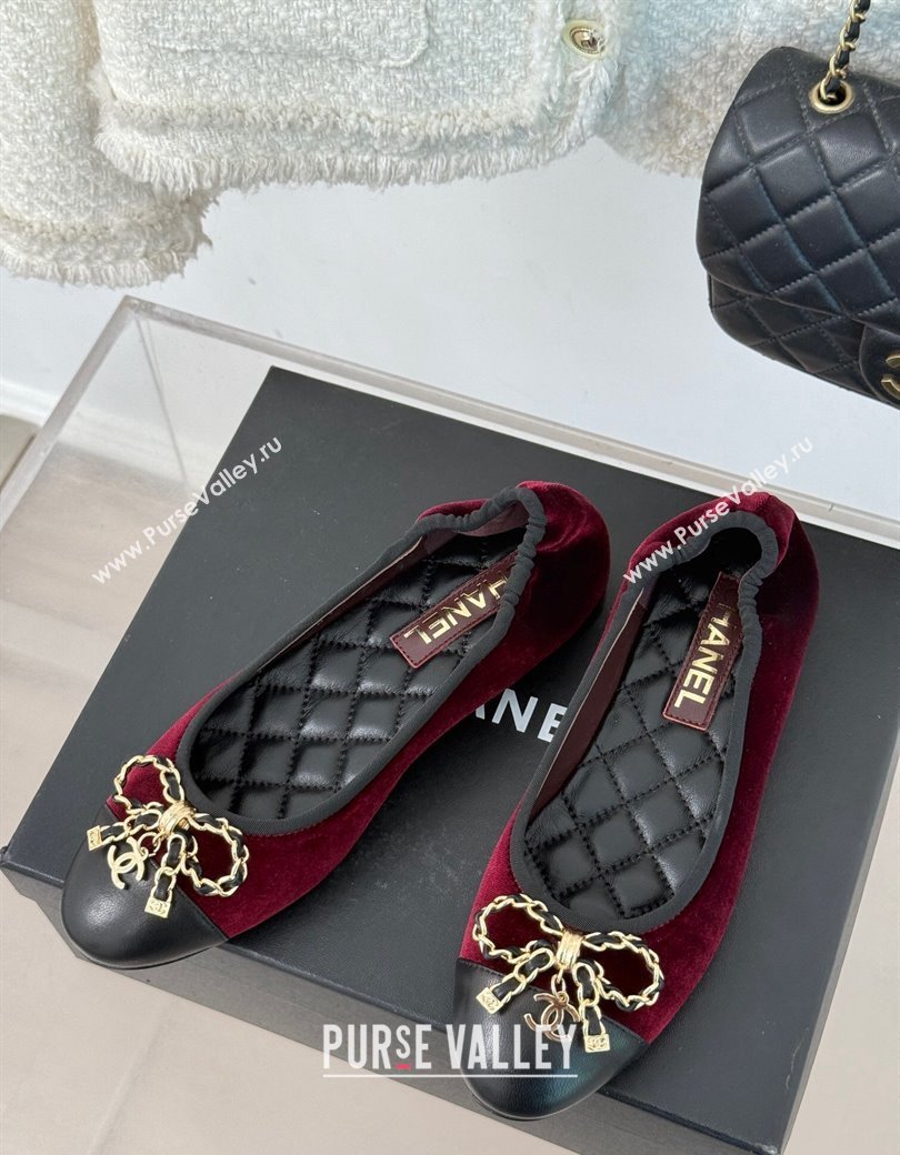 Chanel Velvet Ballet Flats with Chain Bow Dark Burgundy 2024 CH010211 (MD-250102107)