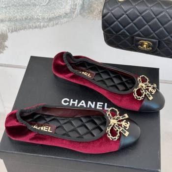 Chanel Velvet Ballet Flats with Chain Bow Dark Burgundy 2024 CH010211 (MD-250102107)