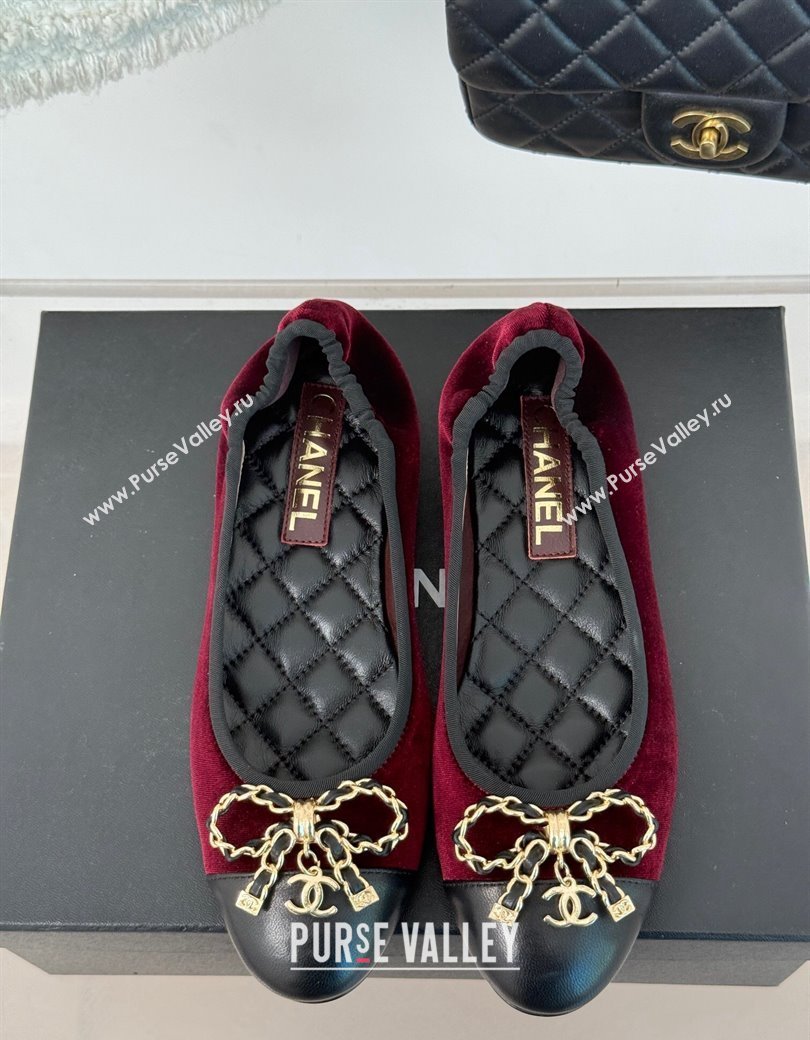 Chanel Velvet Ballet Flats with Chain Bow Dark Burgundy 2024 CH010211 (MD-250102107)