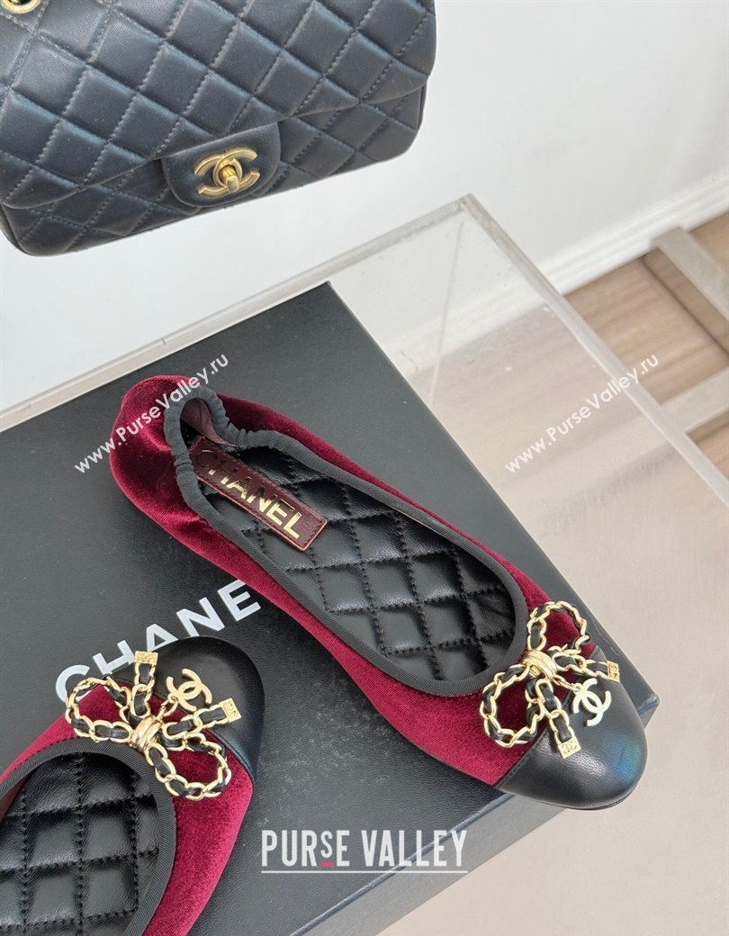 Chanel Velvet Ballet Flats with Chain Bow Dark Burgundy 2024 CH010211 (MD-250102107)