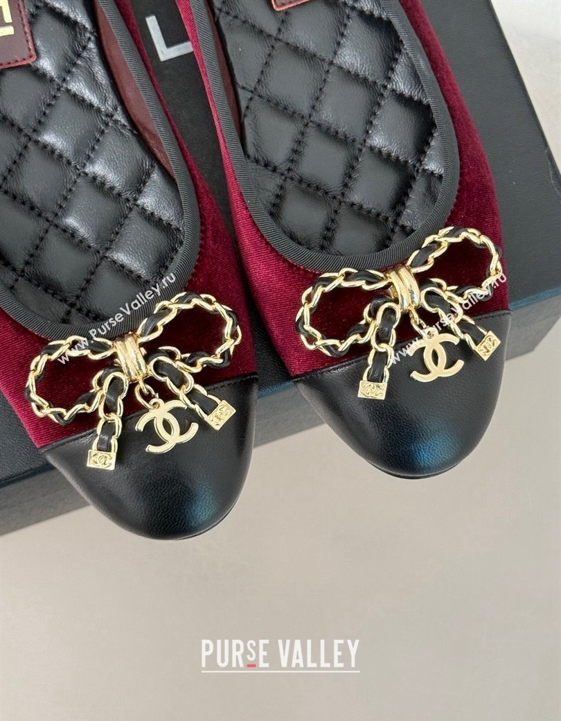 Chanel Velvet Ballet Flats with Chain Bow Dark Burgundy 2024 CH010211 (MD-250102107)