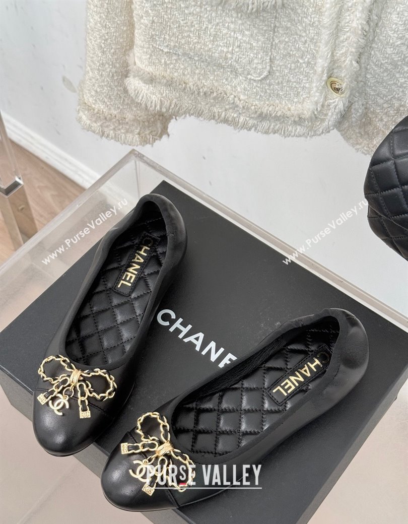 Chanel Lambskin Ballet Flats with Chain Bow Black 2024 CH010211 (MD-250102109)