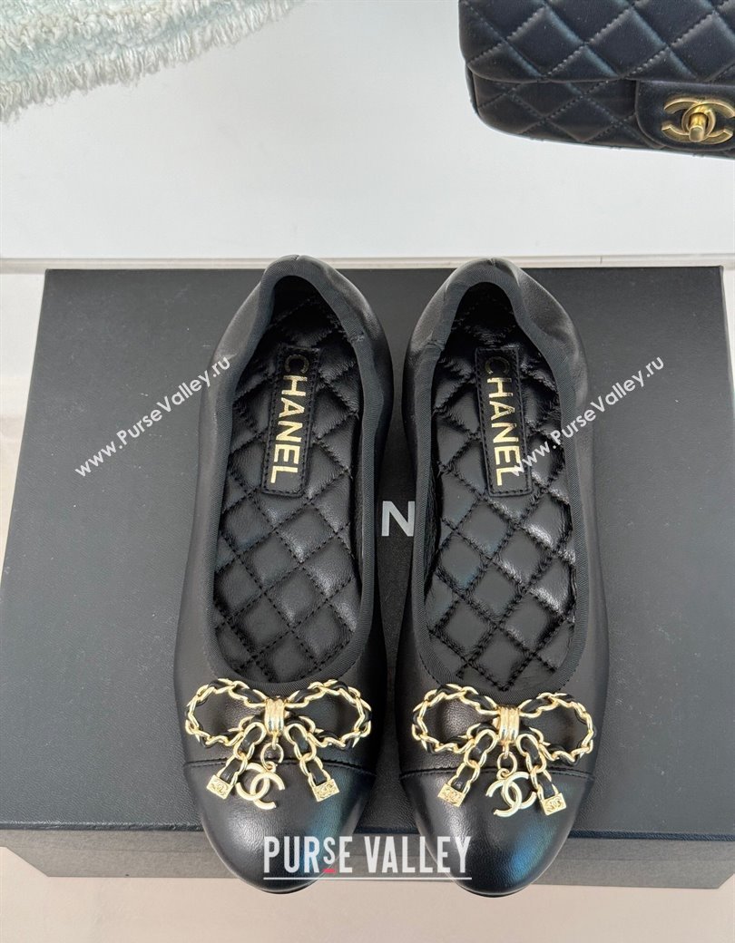 Chanel Lambskin Ballet Flats with Chain Bow Black 2024 CH010211 (MD-250102109)