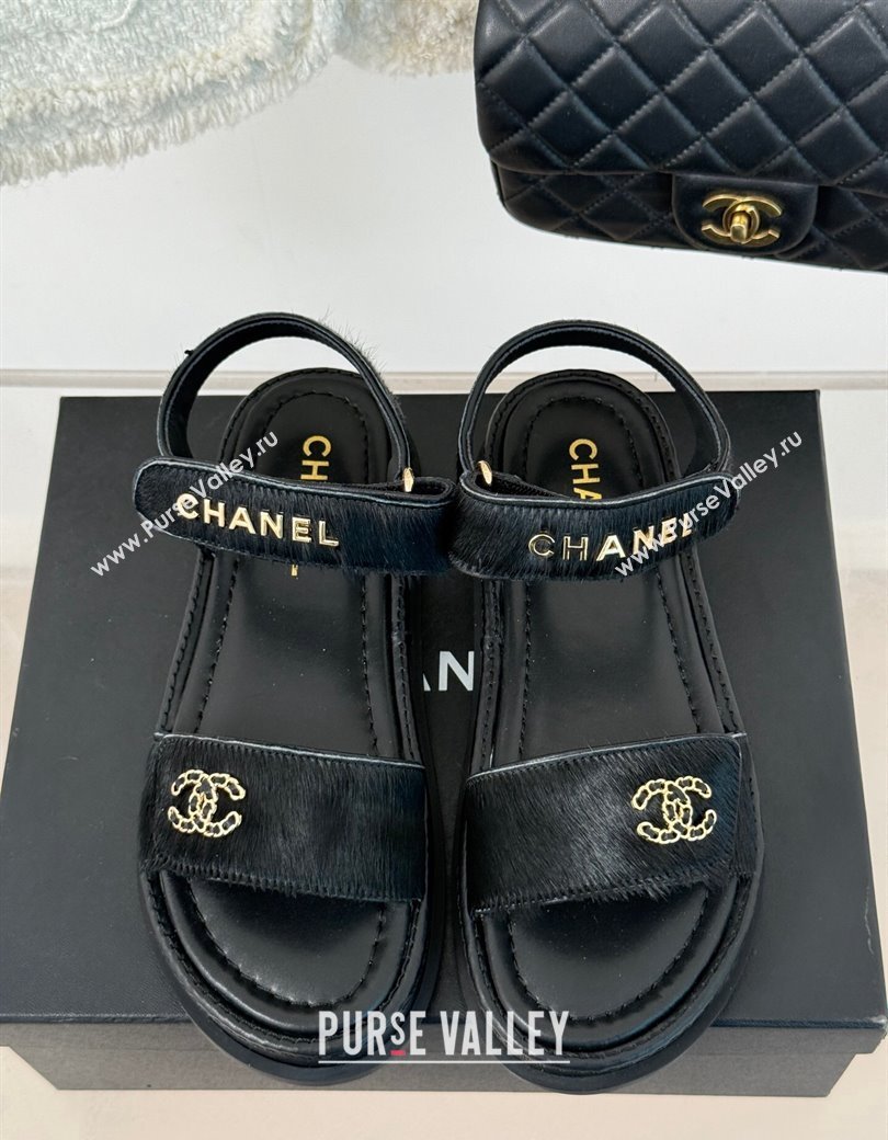 Chanel Haircalf-Like Strap Flat Sandals Black 2024 CH010212 (MD-250102116)