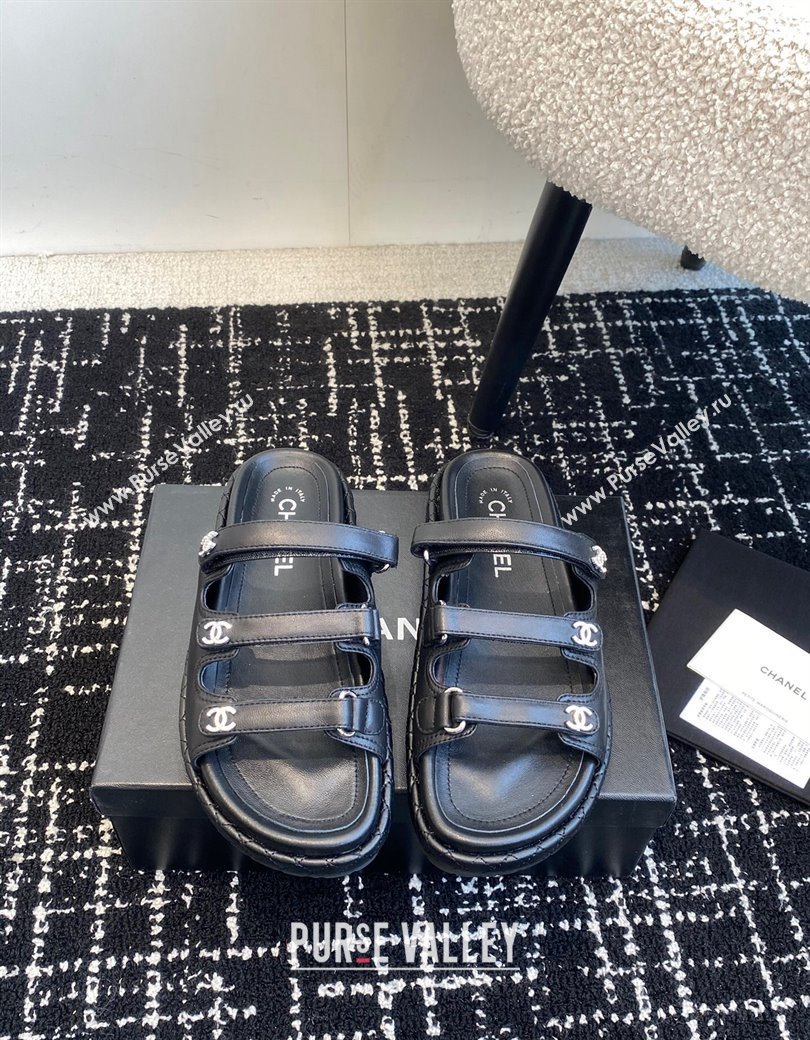 Chanel Calfskin Flat Slides Sandal with Multi Strap Black 2024 CH010214 TOP (KL-250102153)