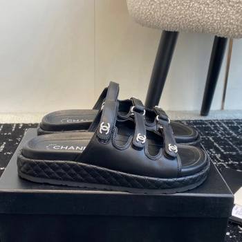 Chanel Calfskin Flat Slides Sandal with Multi Strap Black 2024 CH010214 TOP (KL-250102153)