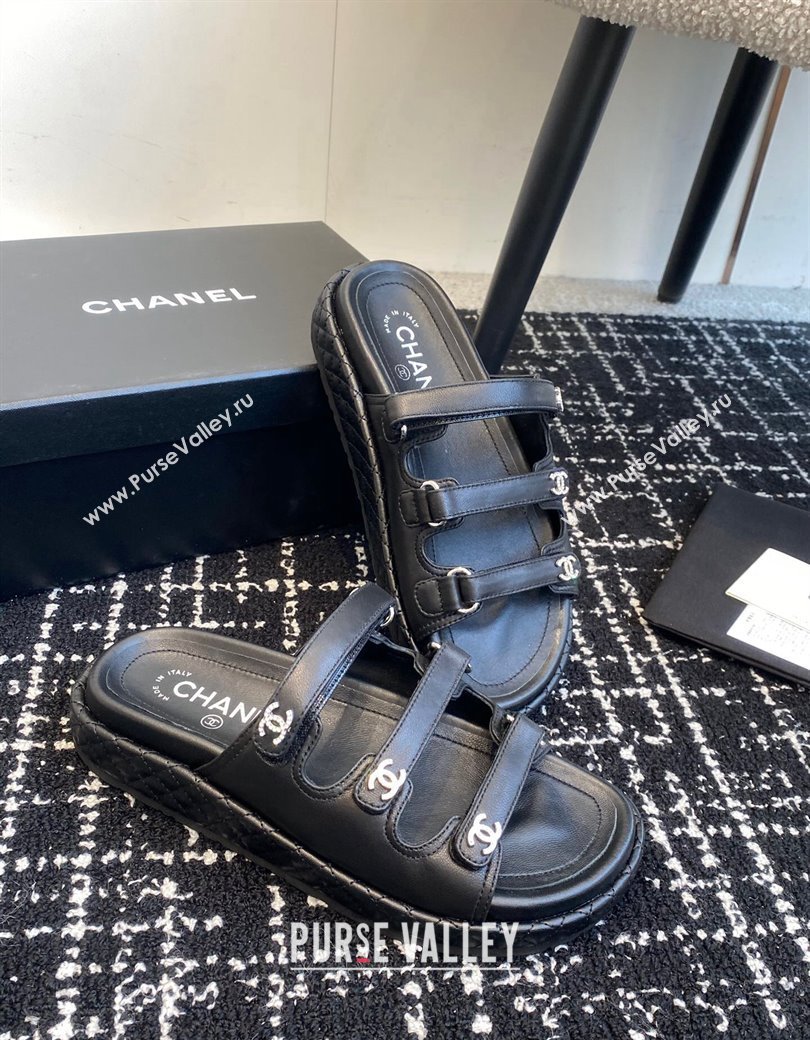 Chanel Calfskin Flat Slides Sandal with Multi Strap Black 2024 CH010214 TOP (KL-250102153)