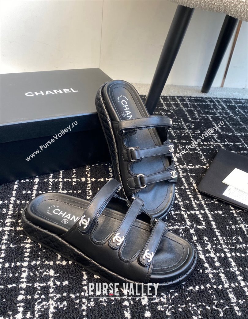 Chanel Calfskin Flat Slides Sandal with Multi Strap Black 2024 CH010214 TOP (KL-250102153)