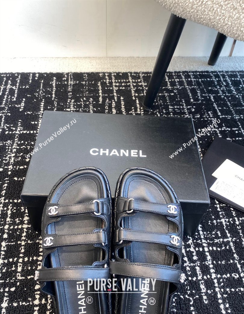 Chanel Calfskin Flat Slides Sandal with Multi Strap Black 2024 CH010214 TOP (KL-250102153)