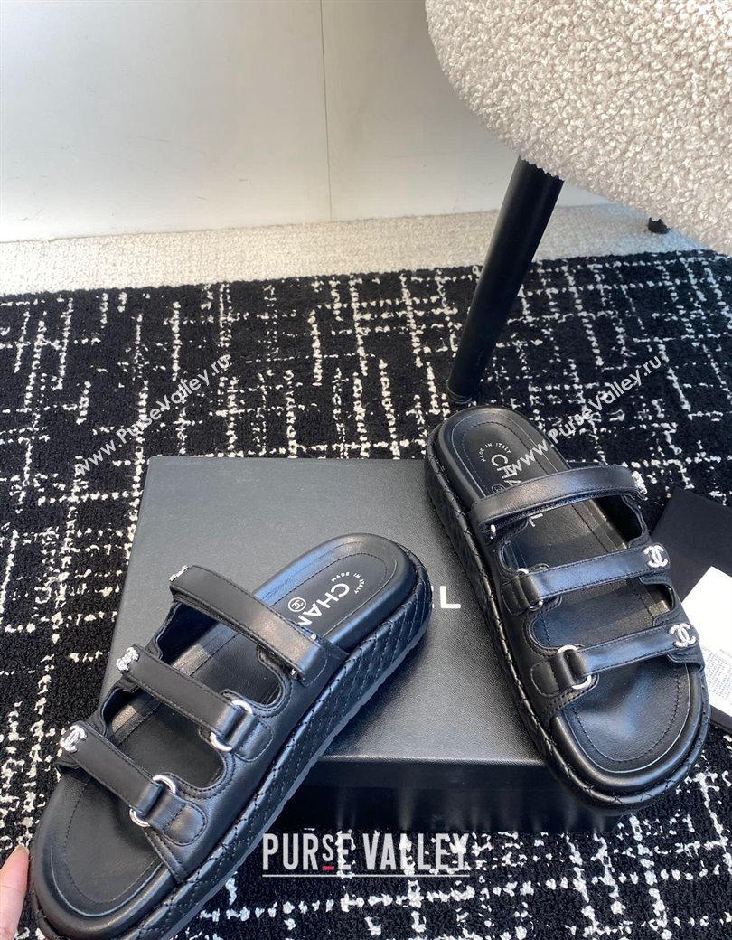 Chanel Calfskin Flat Slides Sandal with Multi Strap Black 2024 CH010214 TOP (KL-250102153)