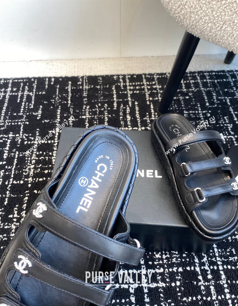 Chanel Calfskin Flat Slides Sandal with Multi Strap Black 2024 CH010214 TOP (KL-250102153)