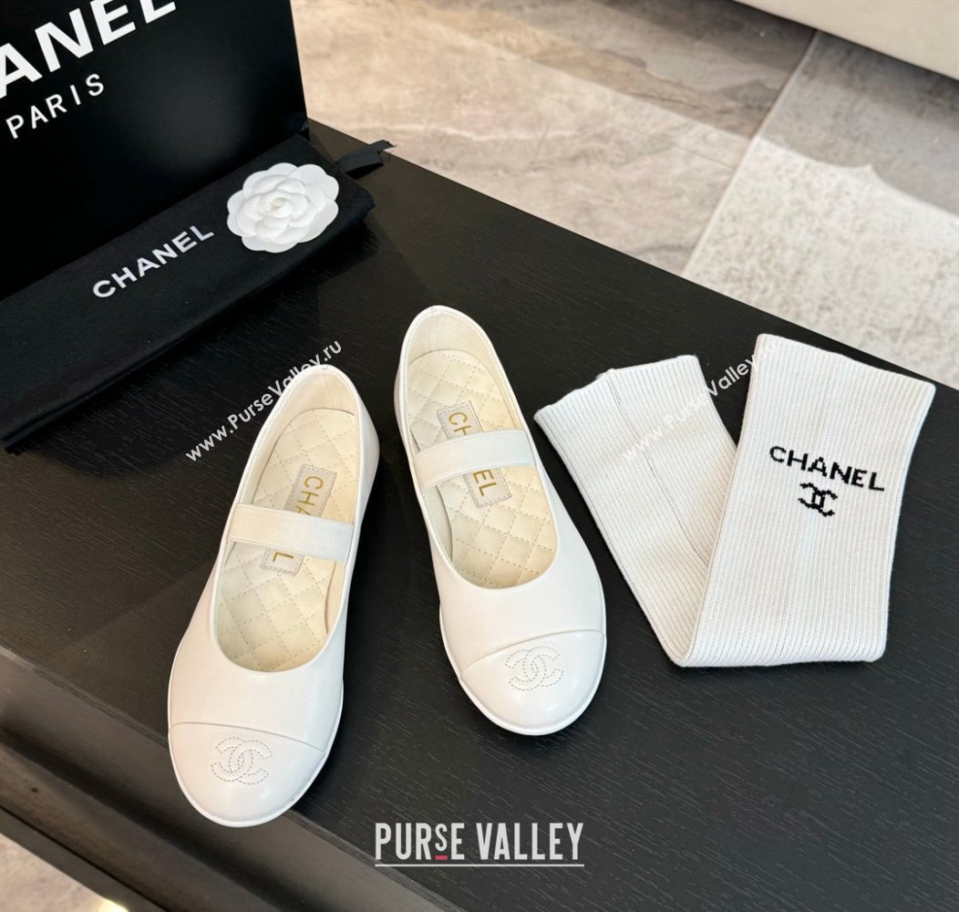 Chanel Lambskin Mary Janes Ballet Flat White 2025 G46200 (SS-250103070)