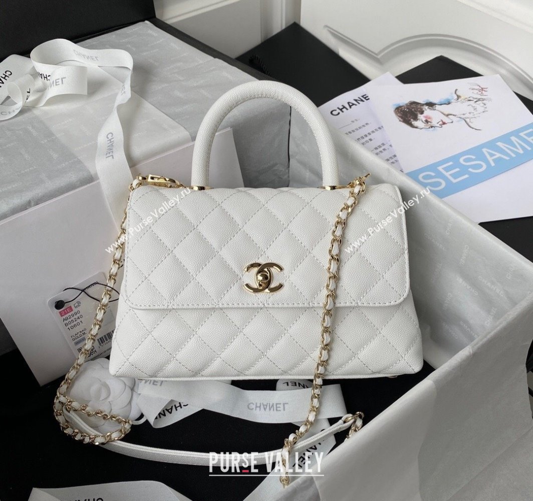 Chanel Coco Handle Quilted Grained Calfskin Small Flap Bag with Top Handle A92990 White 2025 0111 (yezi-250111004)