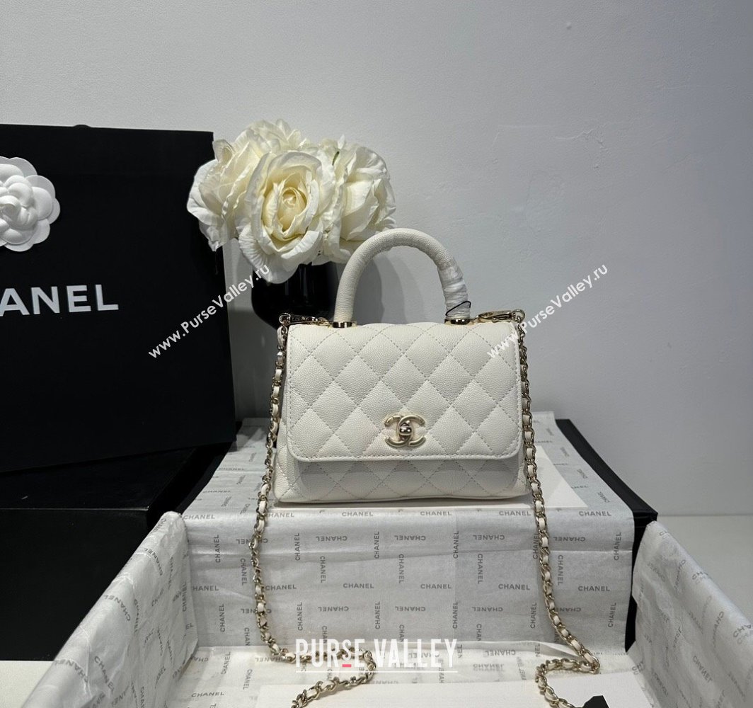 Chanel Coco Handle Quilted Grained Calfskin Mini Flap Bag with Top Handle AS2215 White 2025 0111 (yezi-250111009)