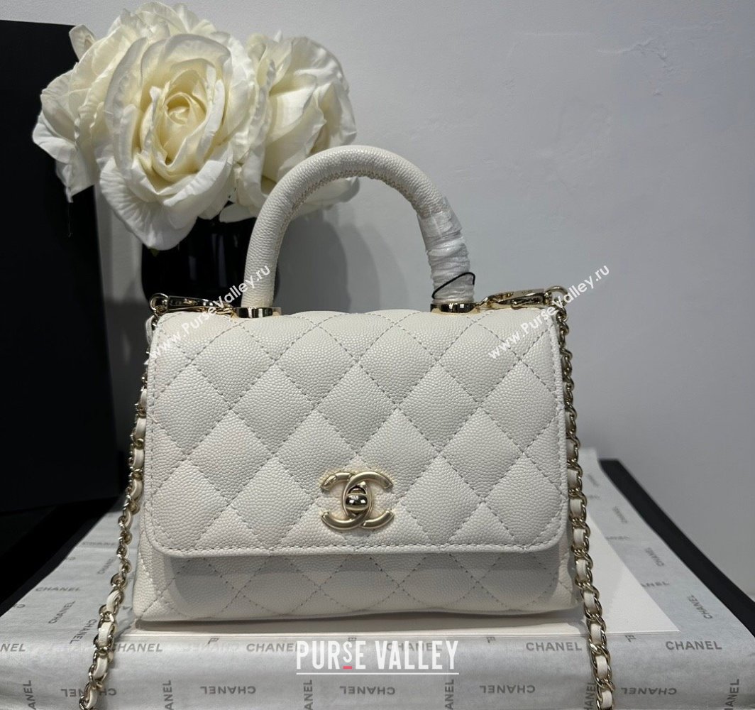 Chanel Coco Handle Quilted Grained Calfskin Mini Flap Bag with Top Handle AS2215 White 2025 0111 (yezi-250111009)