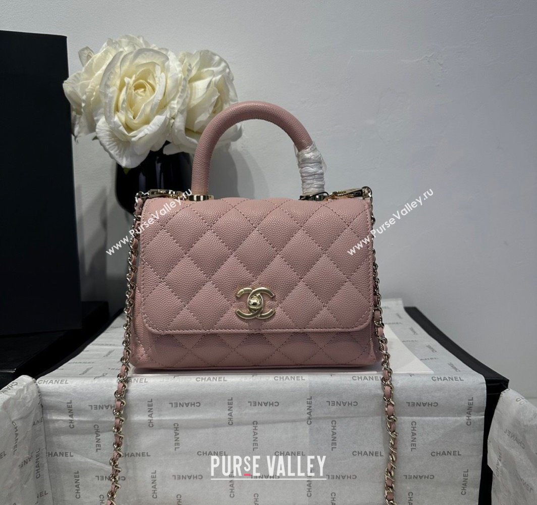 Chanel Coco Handle Quilted Grained Calfskin Mini Flap Bag with Top Handle AS2215 Light Pink 2025 0111 (yezi-250111010)