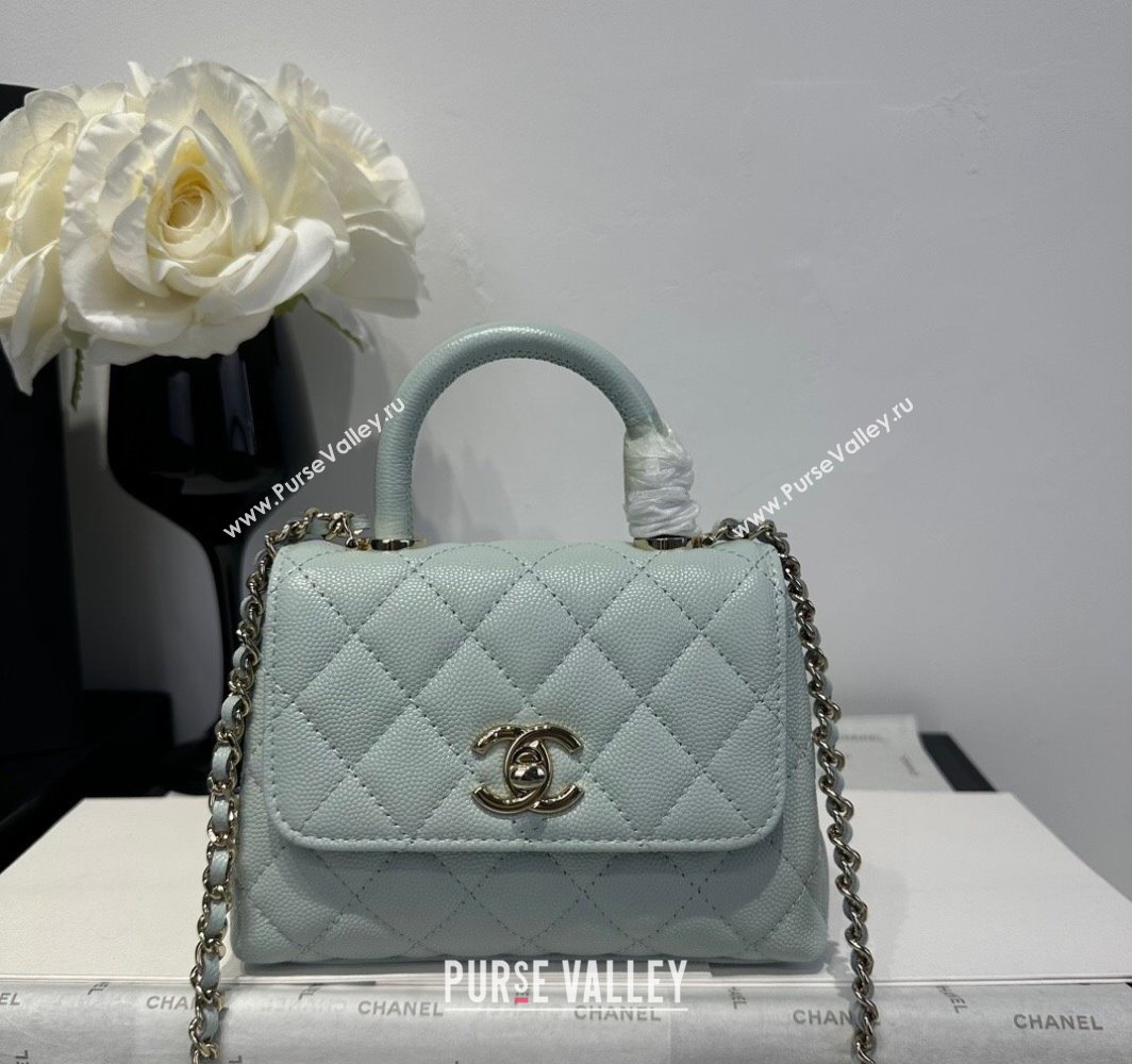 Chanel Coco Handle Quilted Grained Calfskin Nano Flap Bag with Top Handle AP4424 Light Green 2025 0111 (yezi-250111011)