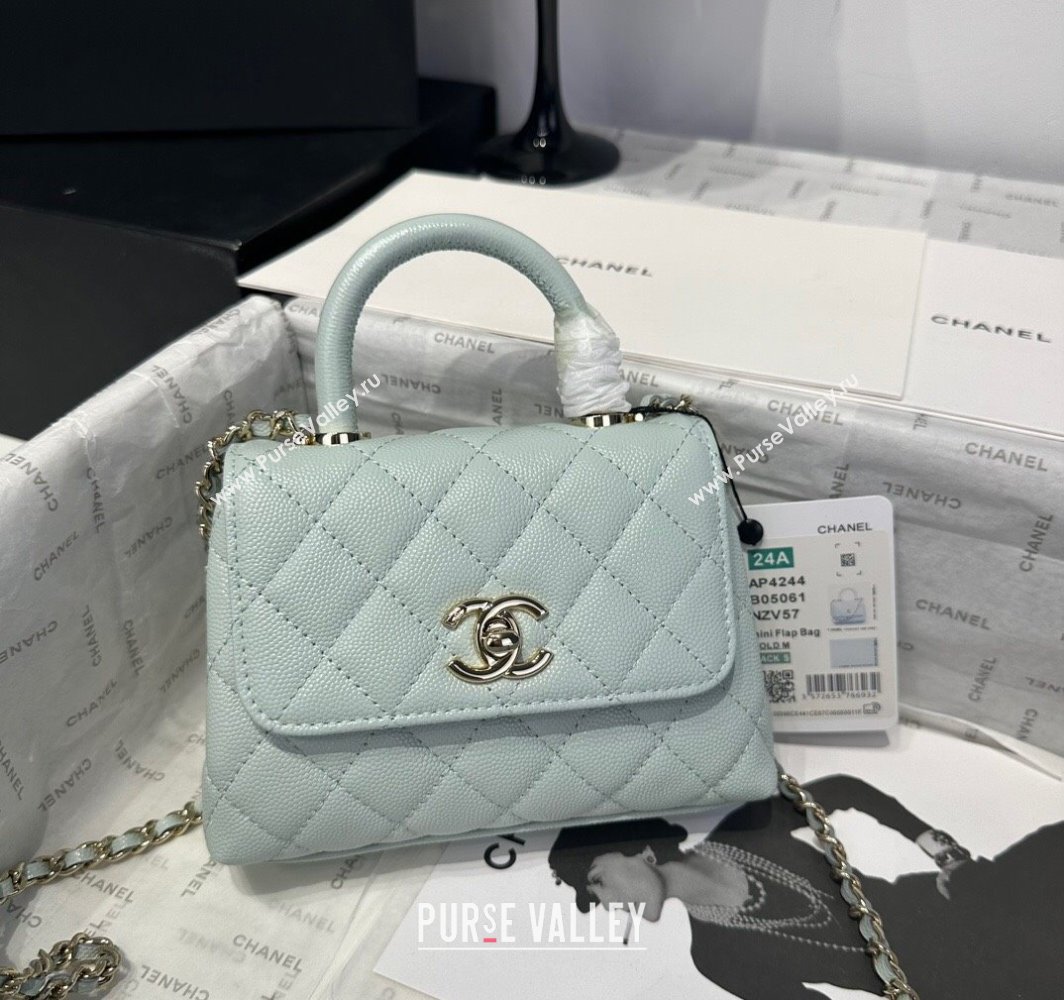 Chanel Coco Handle Quilted Grained Calfskin Nano Flap Bag with Top Handle AP4424 Light Green 2025 0111 (yezi-250111011)