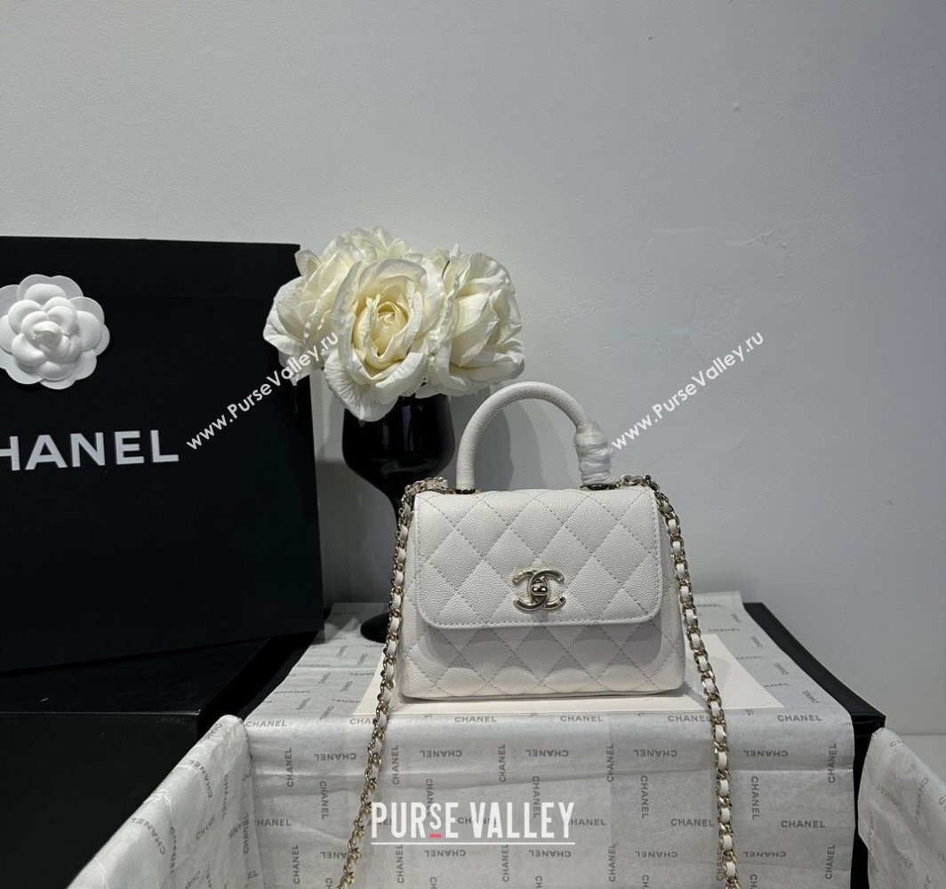 Chanel Coco Handle Quilted Grained Calfskin Nano Flap Bag with Top Handle AP4424 White 2025 0111 (yezi-250111012)