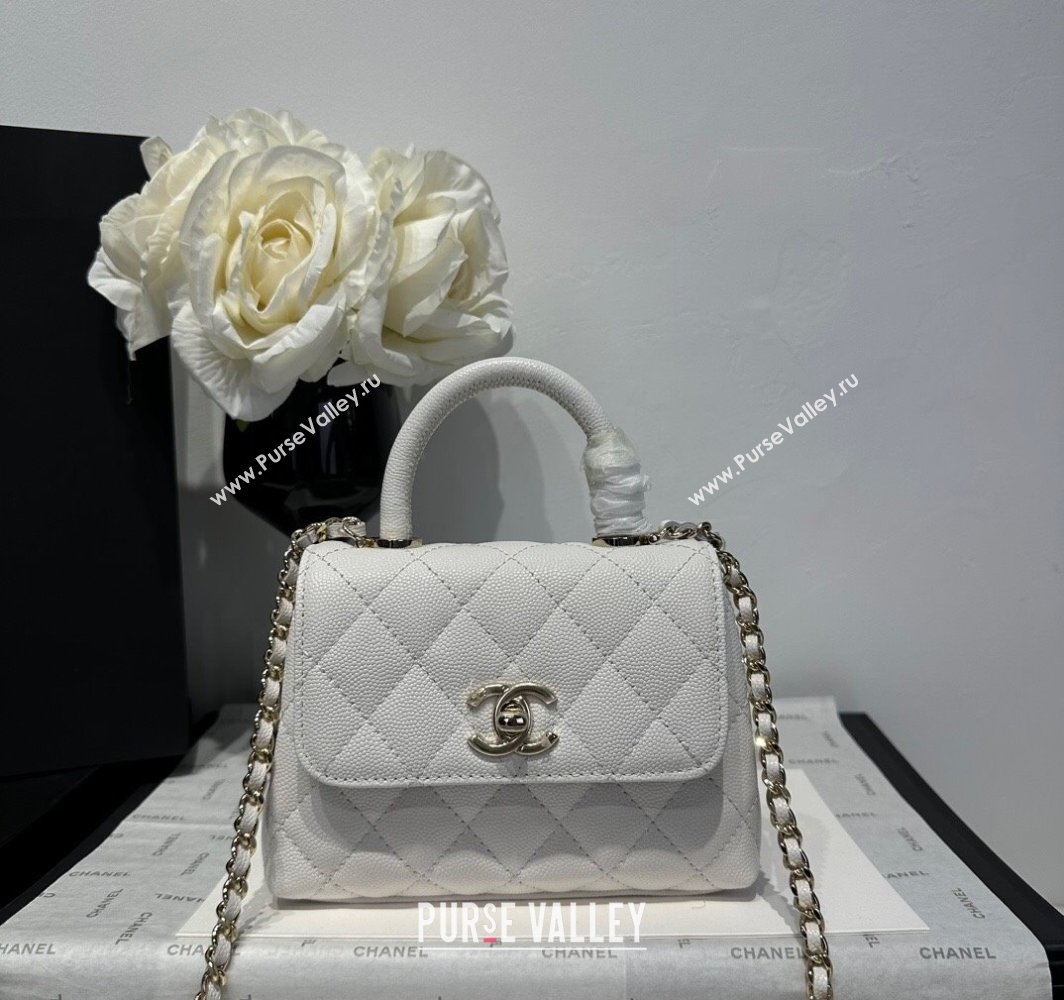 Chanel Coco Handle Quilted Grained Calfskin Nano Flap Bag with Top Handle AP4424 White 2025 0111 (yezi-250111012)