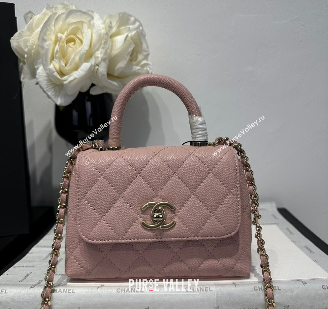 Chanel Coco Handle Quilted Grained Calfskin Nano Flap Bag with Top Handle AP4424 Light Pink 2025 0111 (yezi-250111013)