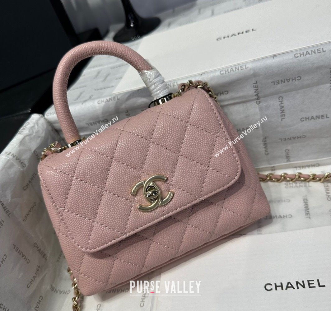 Chanel Coco Handle Quilted Grained Calfskin Nano Flap Bag with Top Handle AP4424 Light Pink 2025 0111 (yezi-250111013)