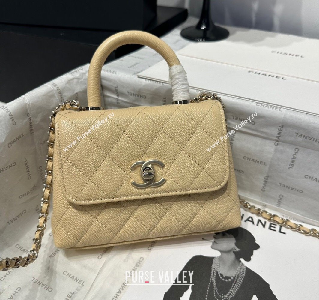 Chanel Coco Handle Quilted Grained Calfskin Nano Flap Bag with Top Handle AP4424 Beige 2025 0111 (yezi-250111014)