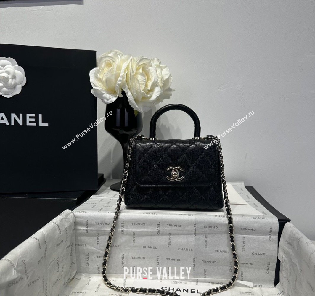 Chanel Coco Handle Quilted Grained Calfskin Nano Flap Bag with Top Handle AP4424 Black2 2025 0111 (yezi-250111015)