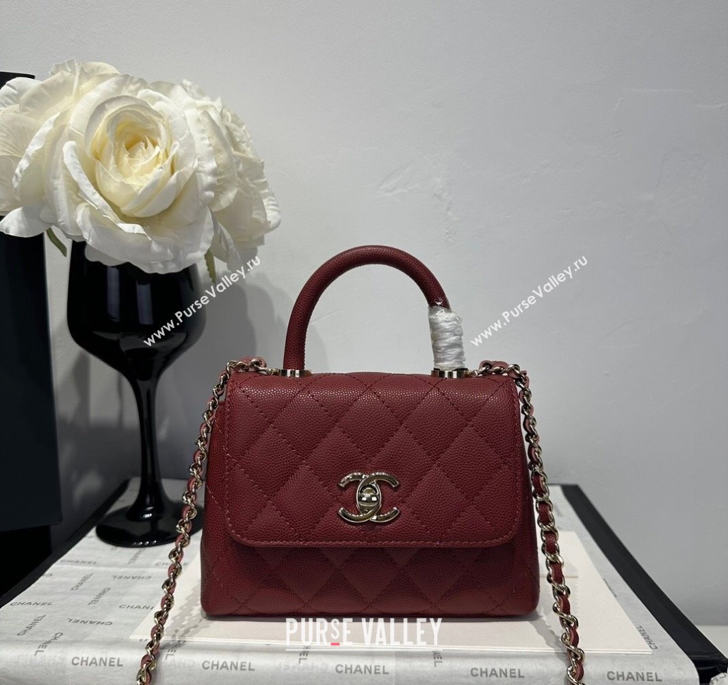 Chanel Coco Handle Quilted Grained Calfskin Nano Flap Bag with Top Handle AP4424 Dark Burgundy 2025 0111 (yezi-250111017)