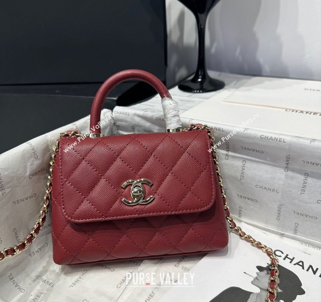 Chanel Coco Handle Quilted Grained Calfskin Nano Flap Bag with Top Handle AP4424 Dark Burgundy 2025 0111 (yezi-250111017)