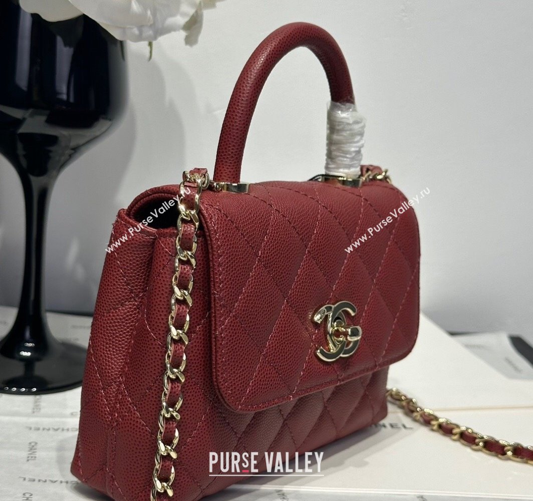 Chanel Coco Handle Quilted Grained Calfskin Nano Flap Bag with Top Handle AP4424 Dark Burgundy 2025 0111 (yezi-250111017)