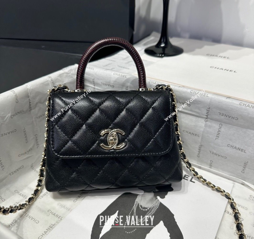 Chanel Coco Handle Quilted Grained Calfskin Nano Flap Bag with Top Handle AP4424 Black/Burgundy 2025 0111 (yezi-250111016)