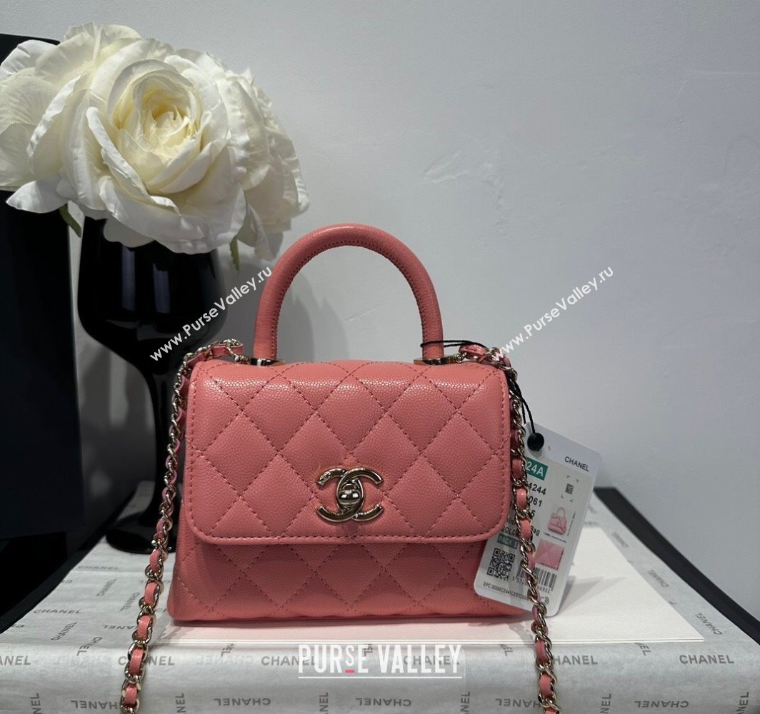 Chanel Coco Handle Quilted Grained Calfskin Nano Flap Bag with Top Handle AP4424 Pink2 2025 0111 (yezi-250111018)