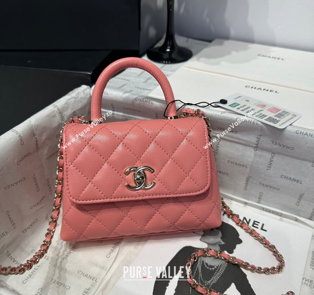 Chanel Coco Handle Quilted Grained Calfskin Nano Flap Bag with Top Handle AP4424 Pink2 2025 0111 (yezi-250111018)