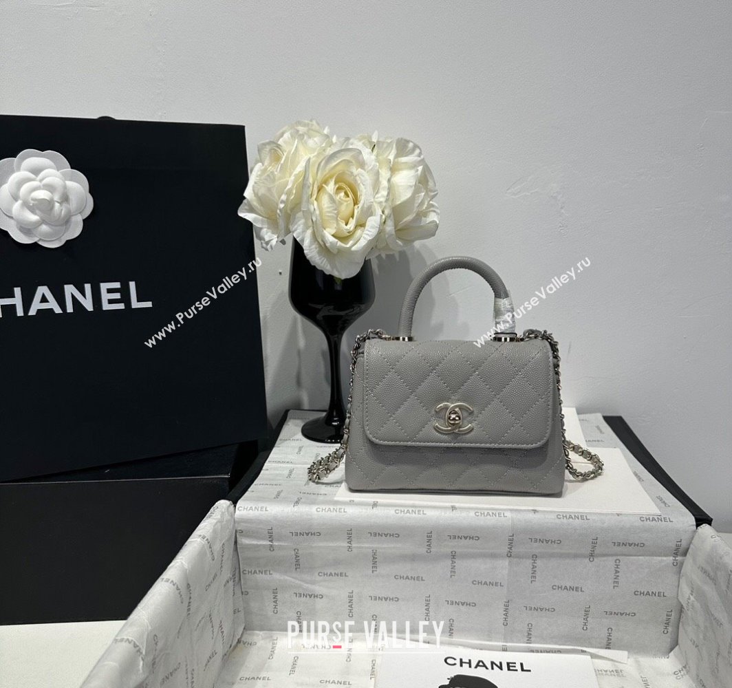 Chanel Coco Handle Quilted Grained Calfskin Nano Flap Bag with Top Handle AP4424 Grey 2025 0111 (yezi-250111019)