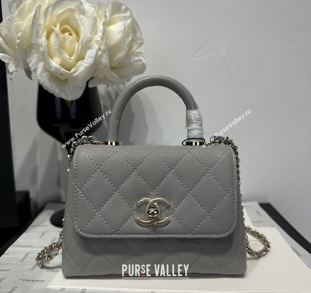 Chanel Coco Handle Quilted Grained Calfskin Nano Flap Bag with Top Handle AP4424 Grey 2025 0111 (yezi-250111019)