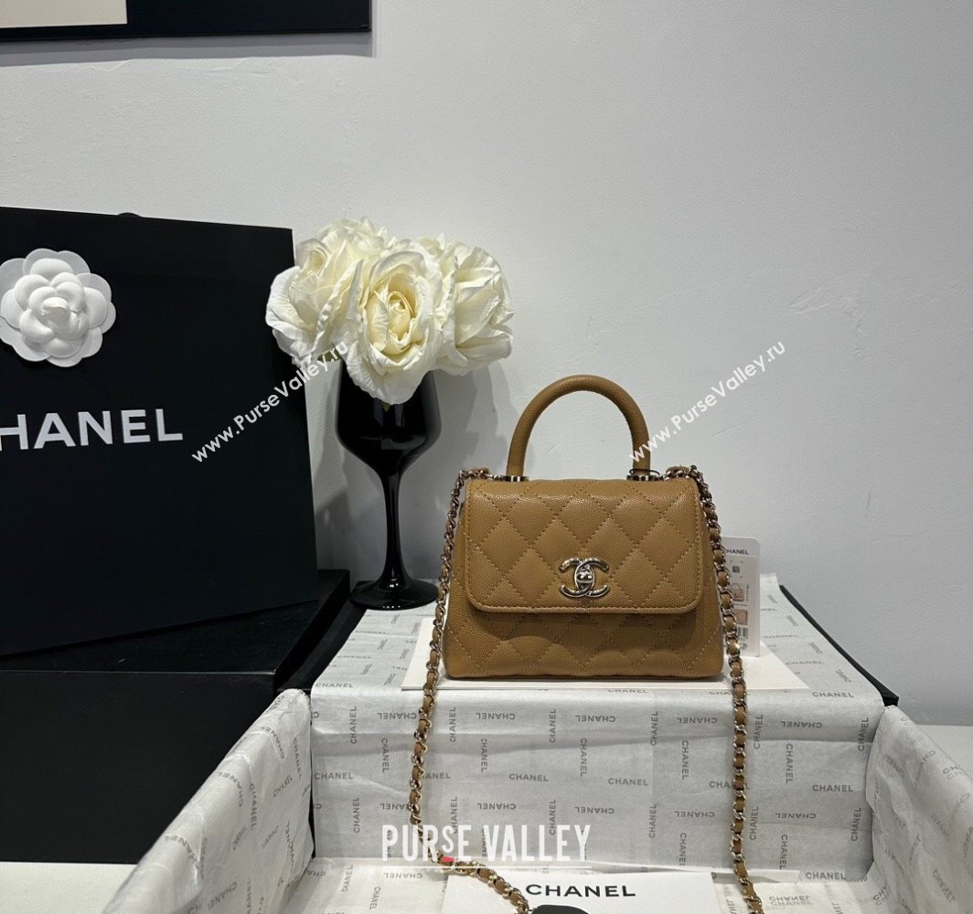 Chanel Coco Handle Quilted Grained Calfskin Nano Flap Bag with Top Handle AP4424 Apricot 2025 0111 (yezi-250111020)