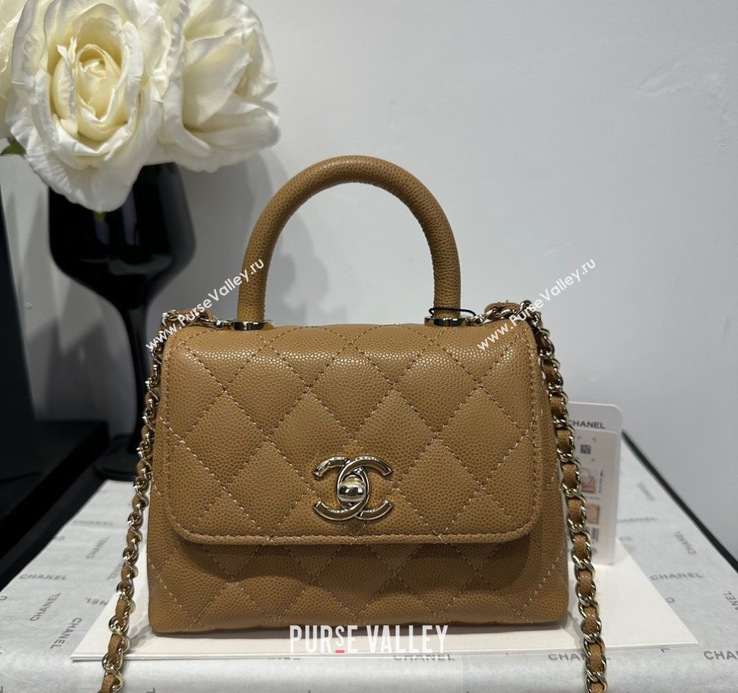 Chanel Coco Handle Quilted Grained Calfskin Nano Flap Bag with Top Handle AP4424 Apricot 2025 0111 (yezi-250111020)