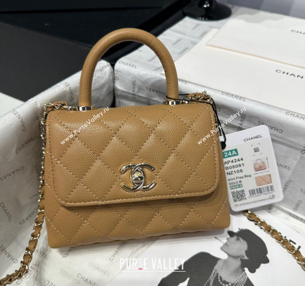 Chanel Coco Handle Quilted Grained Calfskin Nano Flap Bag with Top Handle AP4424 Apricot 2025 0111 (yezi-250111020)