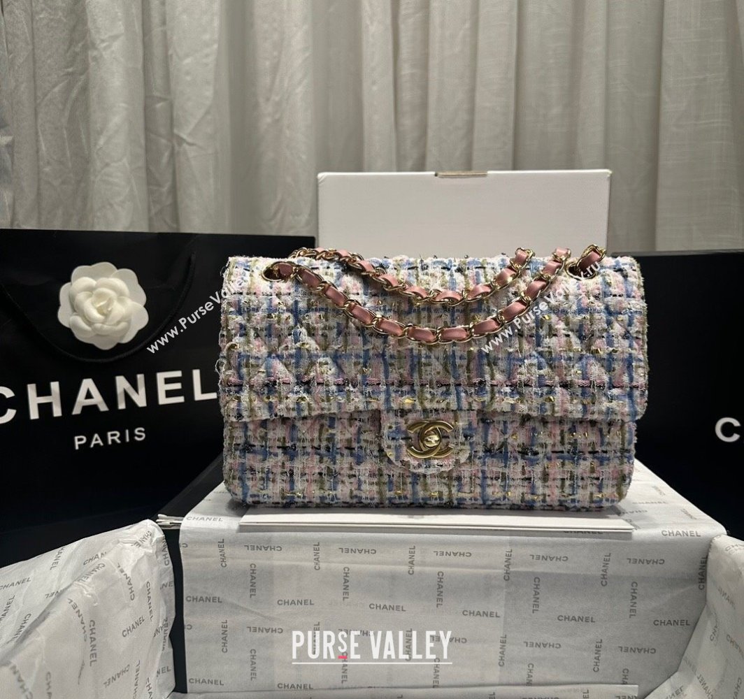 Chanel Tweed Classic Medium Flap Bag A01112 Pink/Blue 2025 0113 (yezi-250113002)