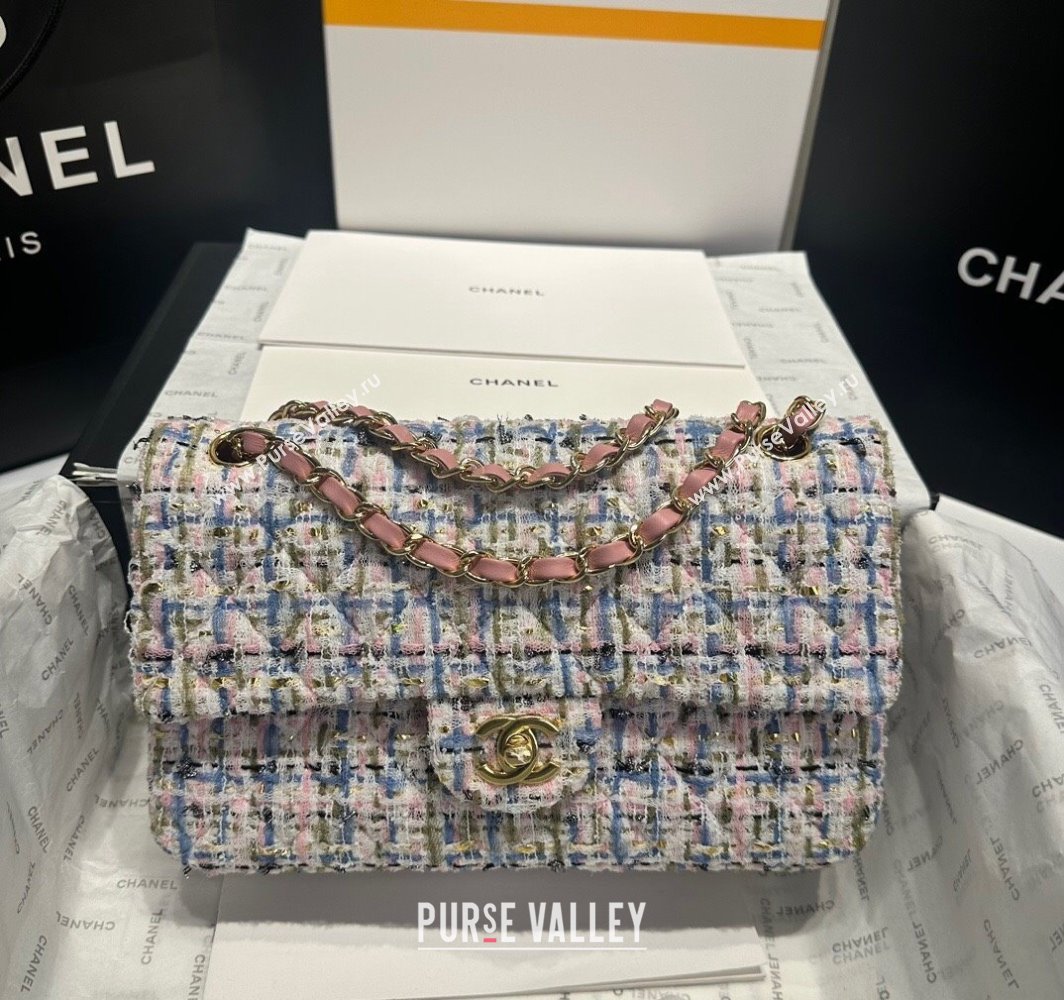 Chanel Tweed Classic Medium Flap Bag A01112 Pink/Blue 2025 0113 (yezi-250113002)