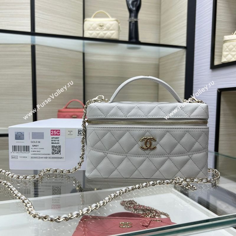Chanel Grained Calfskin Long Vanity Case with Chain Light Grey 2025 AP4407 (yezi-250113020)