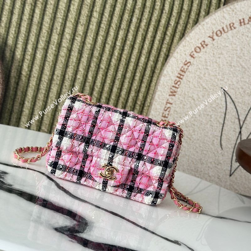 Chanel Check Tweed Classic Mini Flap Bag A69900 Pink 2025 0113 (yezi-250113005)