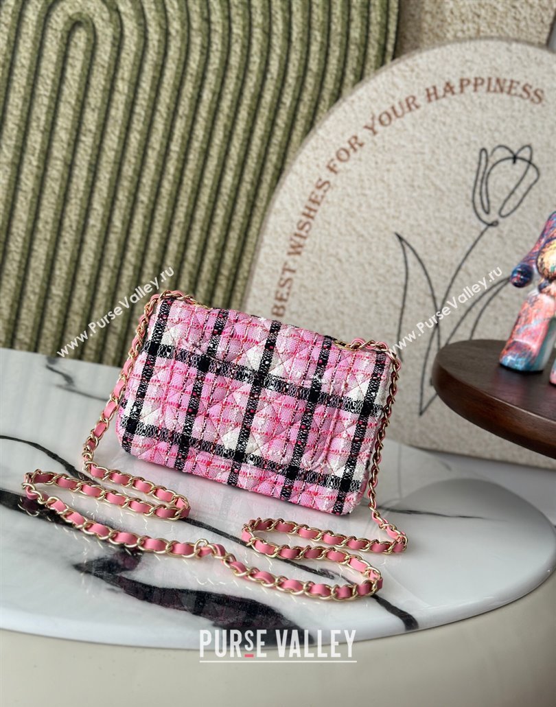 Chanel Check Tweed Classic Mini Flap Bag A69900 Pink 2025 0113 (yezi-250113005)